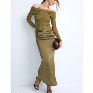 Elle Zeitoune Olive Mesh Satin Gown SMALL Column Off Shoulder Ruched Formal $280